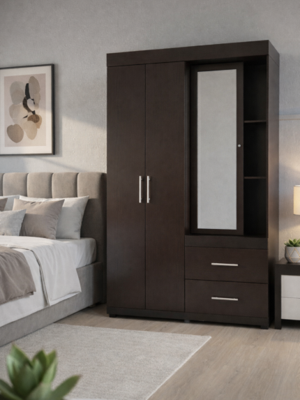 Ropero Rayva de MDF Texturizado 1.20m - Con Ruedas, Espejo y Doble Colgador